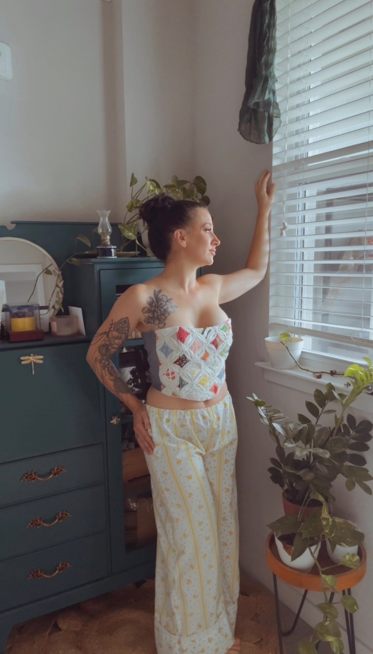 Upcycled vintage floral wide leg pants, view 2