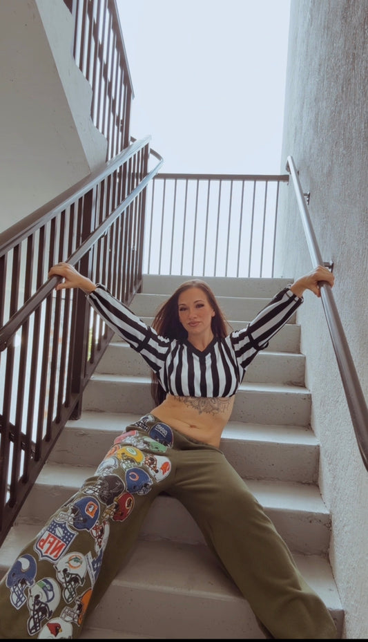 Calling the Shots upcycled set with referee-striped crop top and olive wide leg pants by OO by Abi